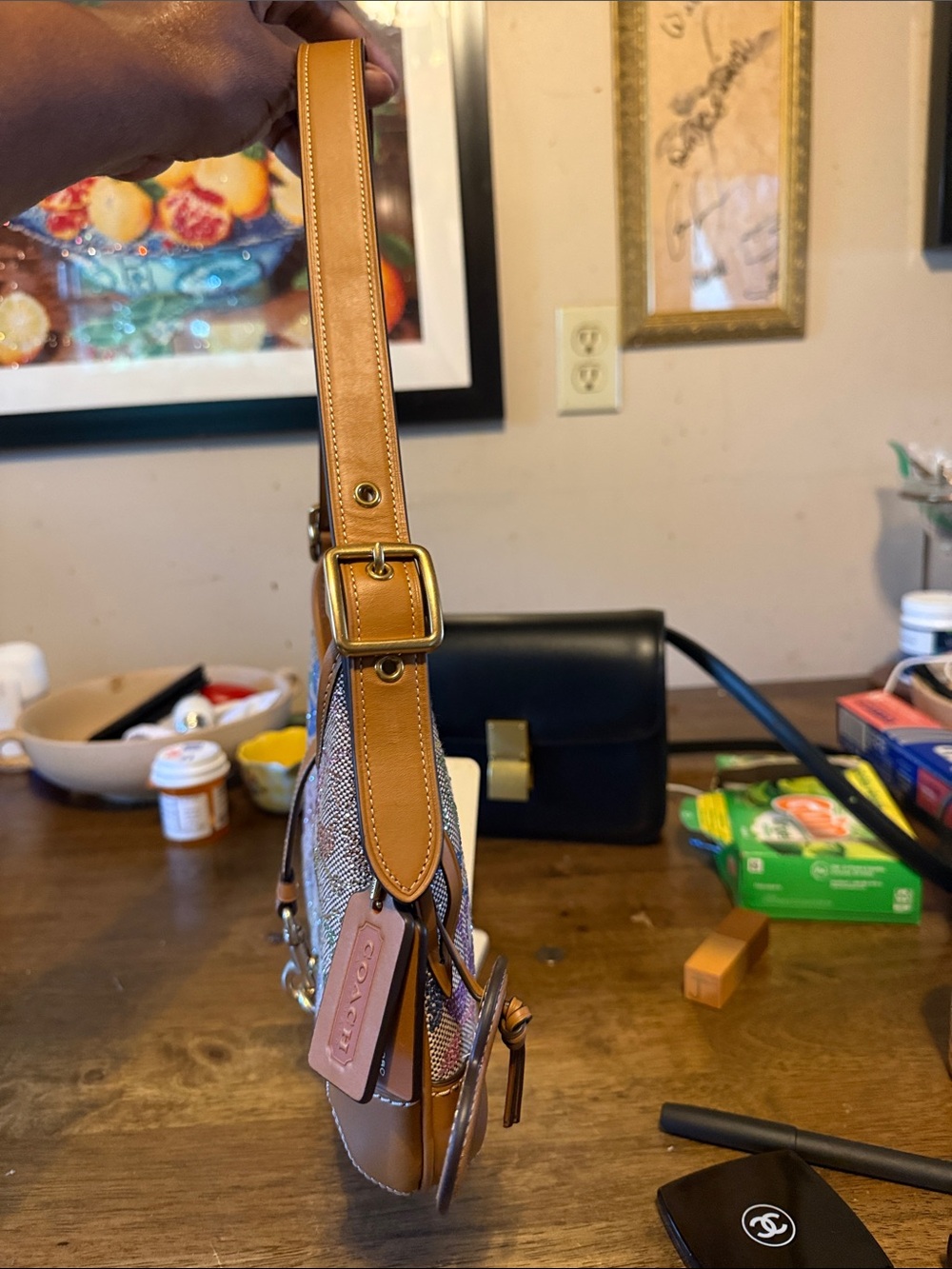 Coach Multicolor Signature Crescent Shoulder Bag with Tan Leather Trim - Picture 2 of 11
